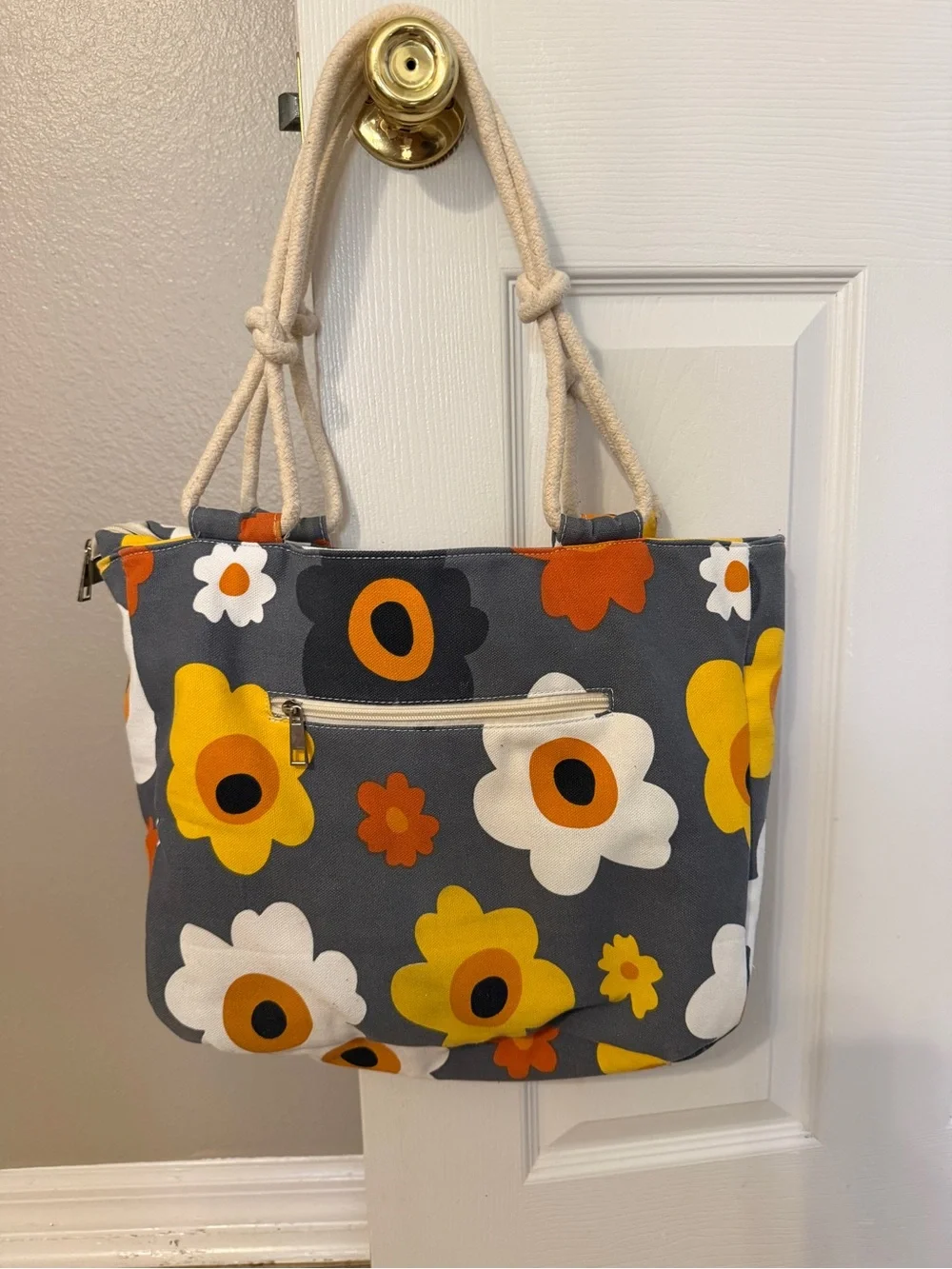Canvas Floral Tote Bag in Gray, Yellow & Orange